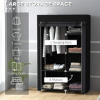 Black wardrobe open with 1 hanging rail and 6 shelves for clothes and bedding storage.