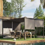 Dark grey outdoor pergola with retractable canopy panels over a dining area
