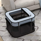 Foldable dog pen viewed from above, grey top frame, mesh walls, rounded front corner