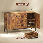 Rustic brown sideboard with two doors, three drawers, open shelves, and size dimensions