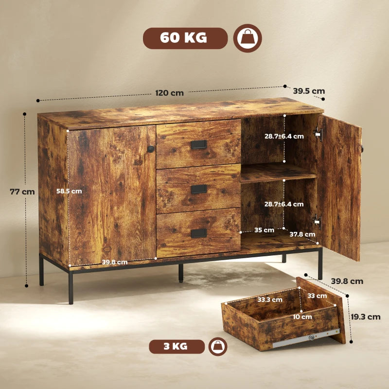 Rustic brown sideboard with two doors, three drawers, open shelves, and size dimensions