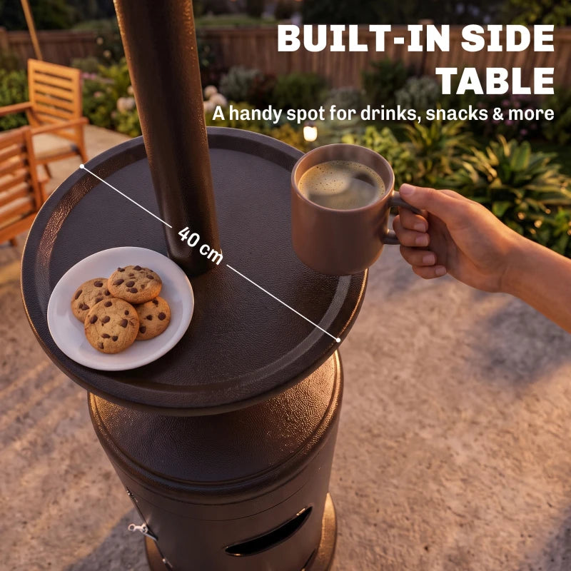 Brown gas heater with built-in side table holding a mug and cookies