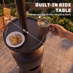 Brown gas heater with built-in side table holding a mug and cookies