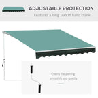 Manual retractable awning with dark green canopy, hand crank, and scalloped front edge.