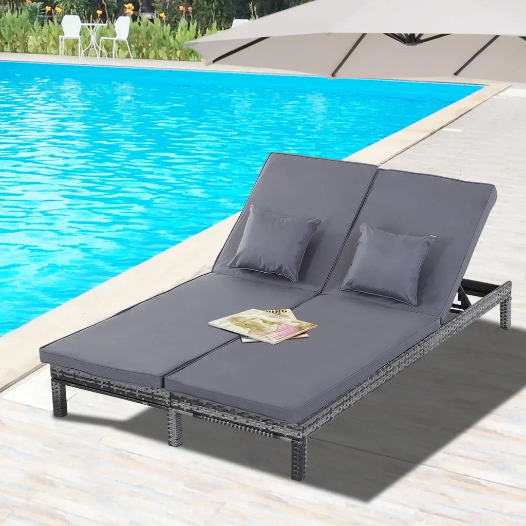 2 Seater Rattan Lounger Adjustable Double Chaise Chair Loveseat w/ Cushion - Grey - Bobobiy