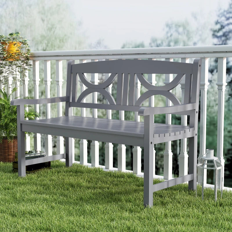 Grey 2-seater bench on porch railing, open-back decorative panel design