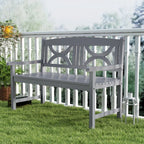 Grey 2-seater bench on porch railing, open-back decorative panel design