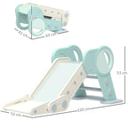 Foldable kids slide with mint green end frames and light grey ramp, labeled dimensions
