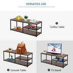 Industrial TV stand console table with rustic brown top and two open storage shelves