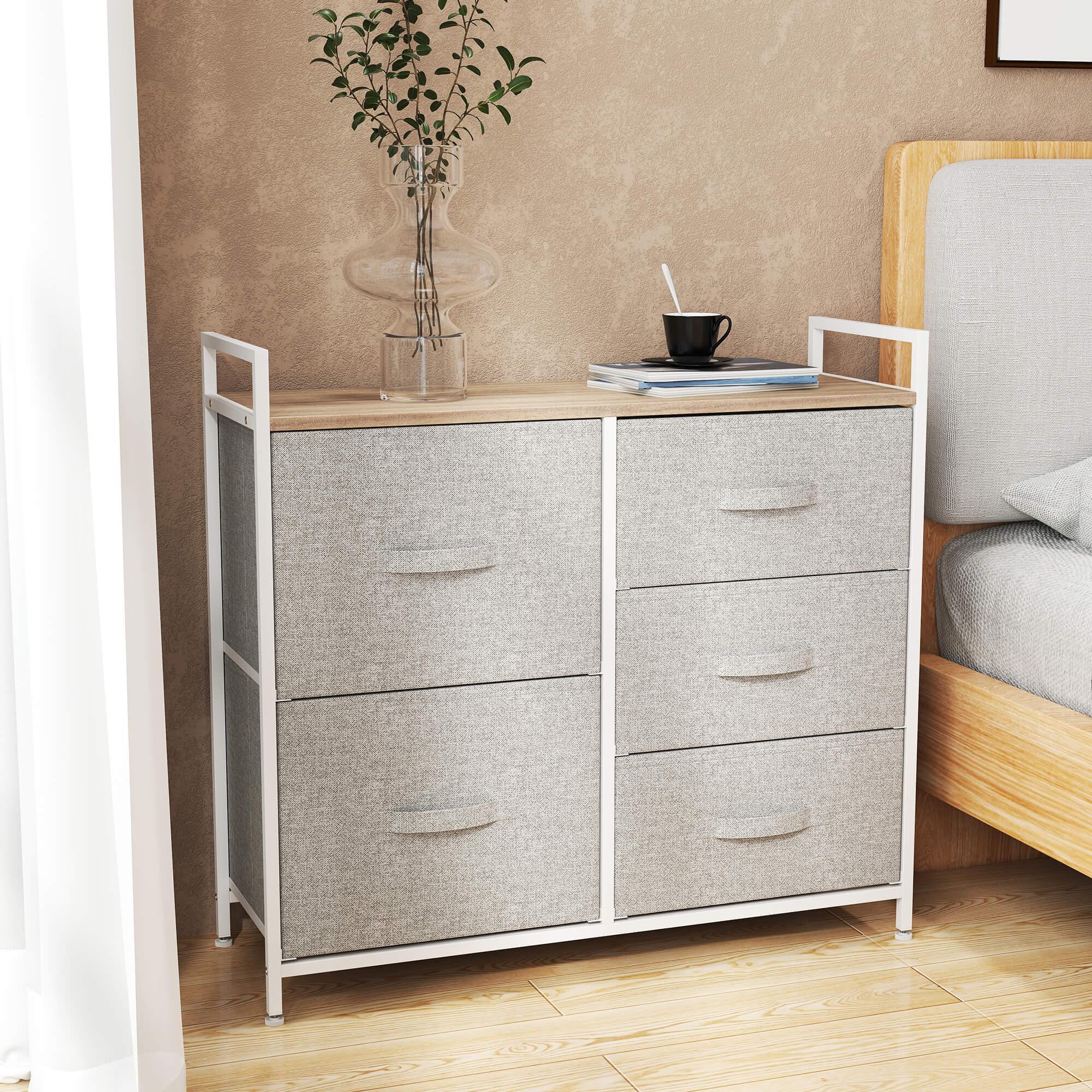 5 Drawer Linen Basket Storage Unit Home Organisation w/ Shelf Handles Metal Frame Adjustable Feet Hallway Home Dresser Grey - Bobobiy
