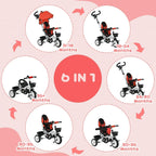 Red 6-in-1 baby push tricycle stroller showing multiple seat modes on frame