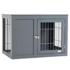 Grey dog crate end table with two cabinet doors and front wire-bar window