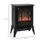 Black freestanding electric stove fireplace with LED log flame and front glass door.
