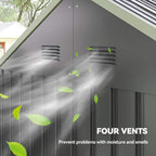 Grey metal shed with four roof vents for airflow and moisture control.