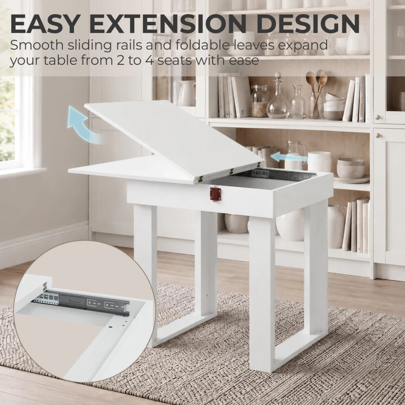 White folding dining table with extended leaf and under storage compartment