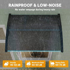 Black rain shelter canopy with dark cover panel over a doorway