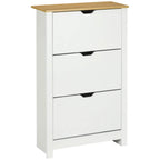 White slim shoe cabinet with 3 flip drawers and light wood top