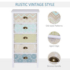 White 5-drawer cabinet with colorful patterned fronts, bronze handles, aged edge detailing