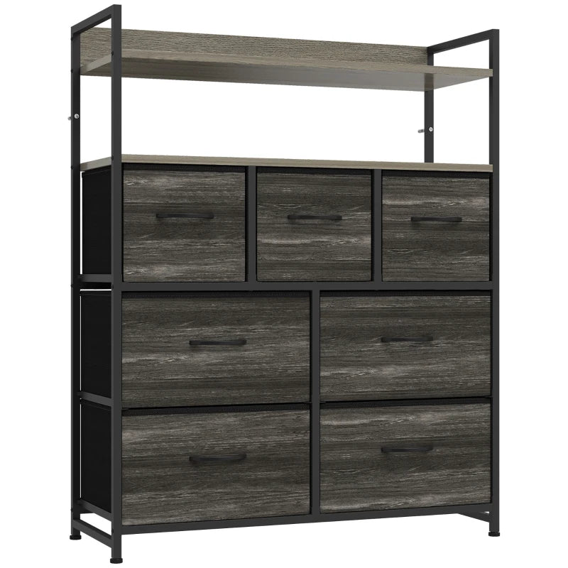 Grey wood-effect fabric dresser with open shelves and 7 drawers, black frame