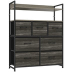 Grey wood-effect fabric dresser with open shelves and 7 drawers, black frame