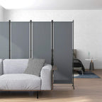 Dark grey 4-panel room divider beside sofa, freestanding metal privacy screen