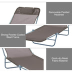 Brown sun lounger with removable padded headrest, quick-dry mesh seat, steel frame