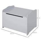 Grey wooden toy box with hinged lid; front and side size measurements shown.