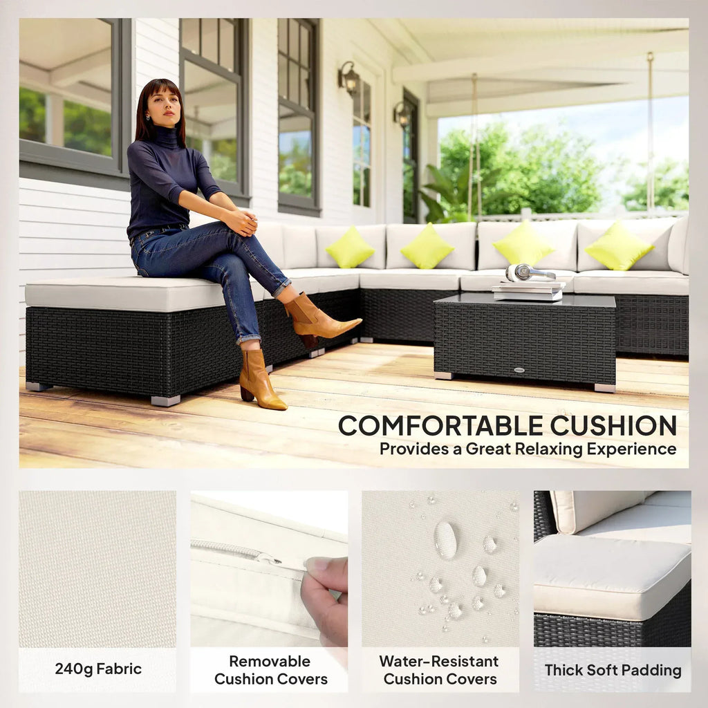 8 Piece Rattan Corner Sofa Set with Wide & Deep Seat, Assembled Aluminium PE Rattan Garden Furniture Set with Thick Cushions and Glass Top Table for Outdoor, Conservatory, Black - Bobobiy