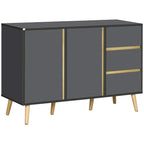 Dark grey modern sideboard cabinet with double doors, 3 drawers, and tapered wooden legs