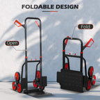 Foldable stair hand truck with black frame, red handles, and front transport plate