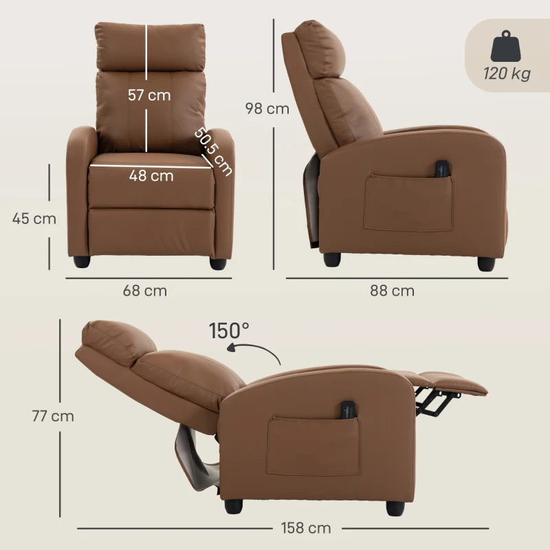 Dark brown push-back recliner armchair with adjustable leg rest and side pocket