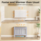 Grey radiator cover with vertical slat grill and light wood top, fitted over radiator
