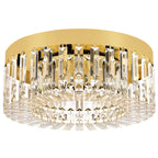 Gold-tone flush ceiling chandelier with clear crystal prisms and faceted accents