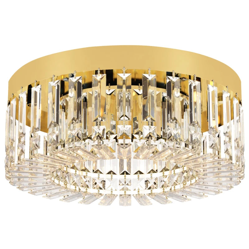 Gold-tone flush ceiling chandelier with clear crystal prisms and faceted accents