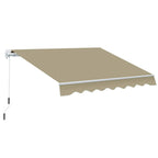Manual retractable awning with khaki canopy, white frame, and scalloped front edge
