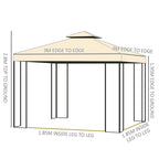 Beige gazebo frame diagram with double roof and leg-to-leg measurements, steel structure