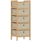 Narrow bamboo-framed chest of drawers with five cream fabric drawers and round pull handles