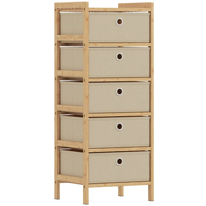 Narrow bamboo-framed chest of drawers with five cream fabric drawers and round pull handles