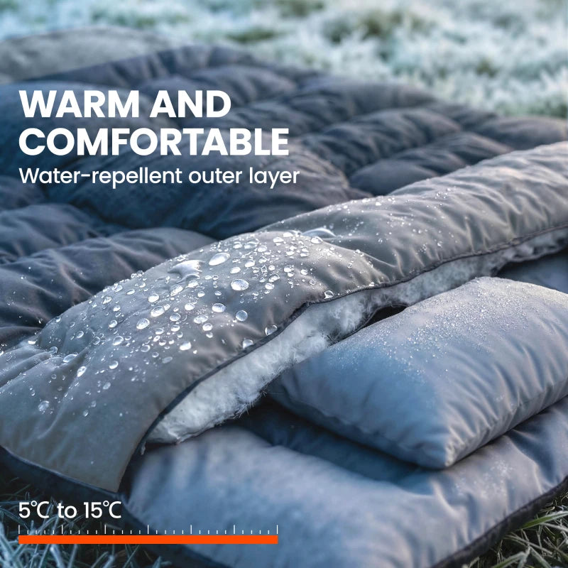 Double sleeping bag with two pillows; water-shedding outer layer, blue-grey quilting.