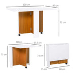 White folding table with teak wood side panels and casters, with size diagram