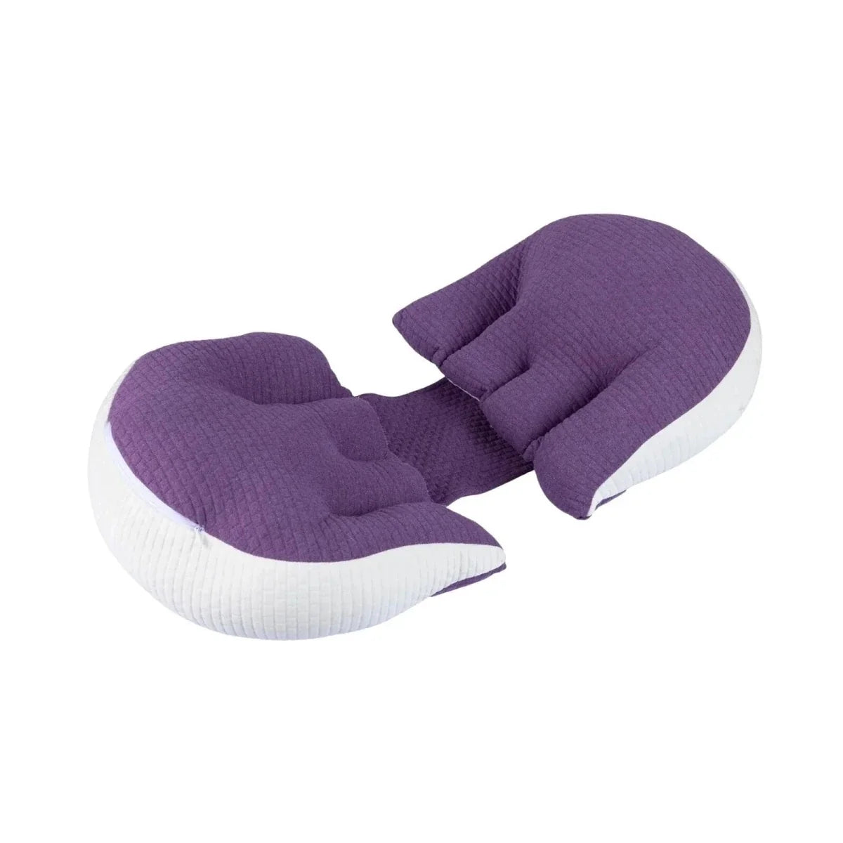 Purple multi-functional maternity support pillow with curved U-shape cushions and white base