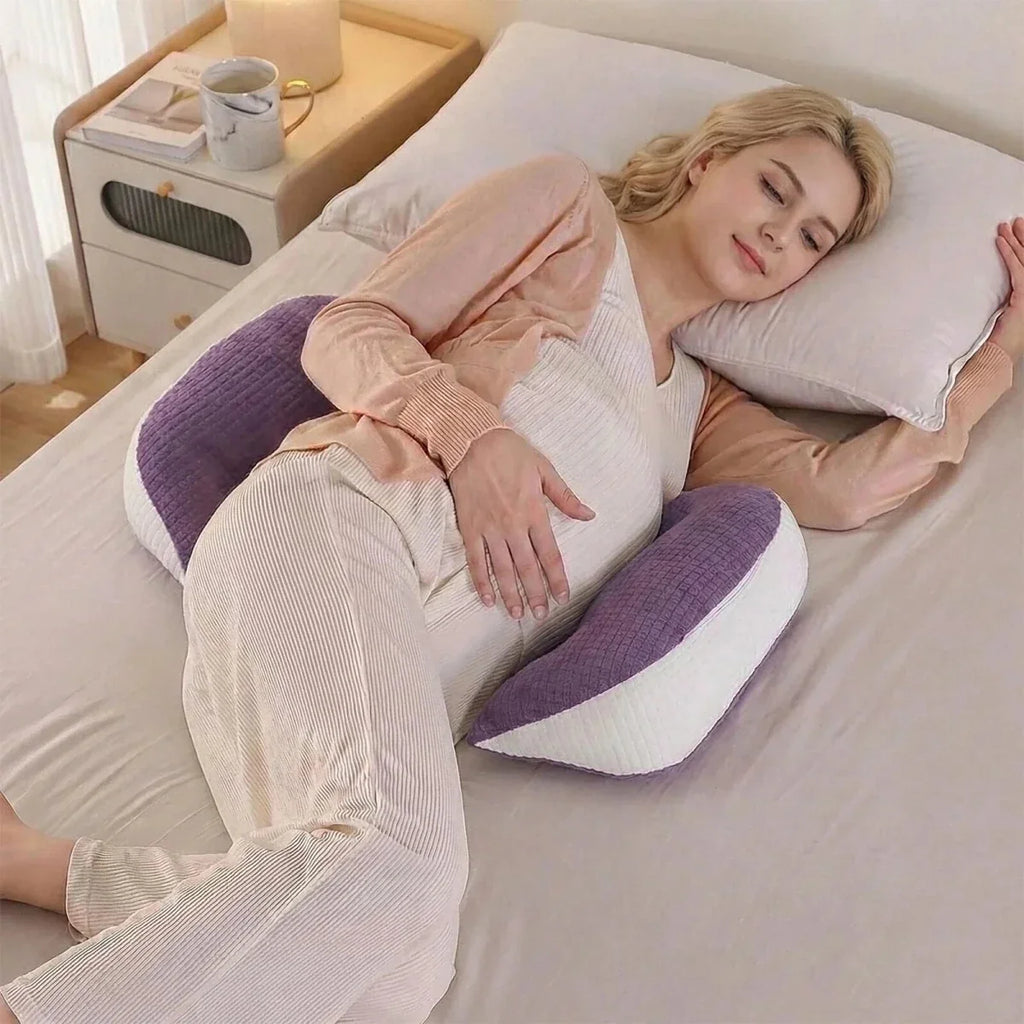 Purple maternity support pillow in U-shape with white edges