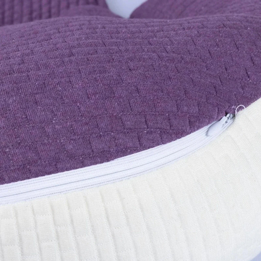 Purple textured maternity support pillow cover with white trim and zipper seam