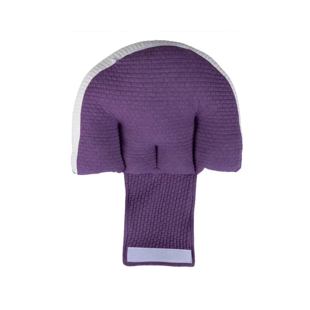 Purple maternity support pillow with backrest shape and white underside trim