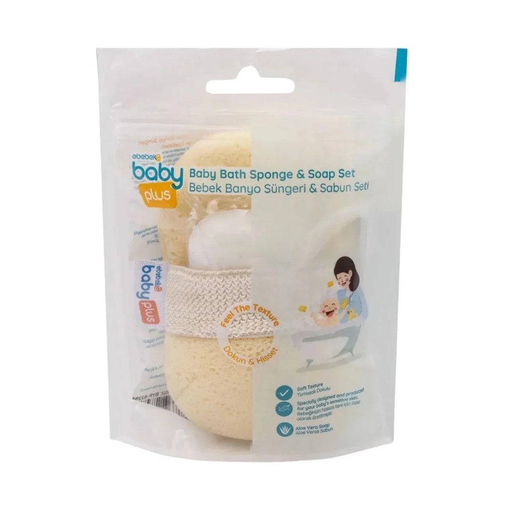 Baby bath sponge and soap set in retail pouch, showing sponge and white soap bar