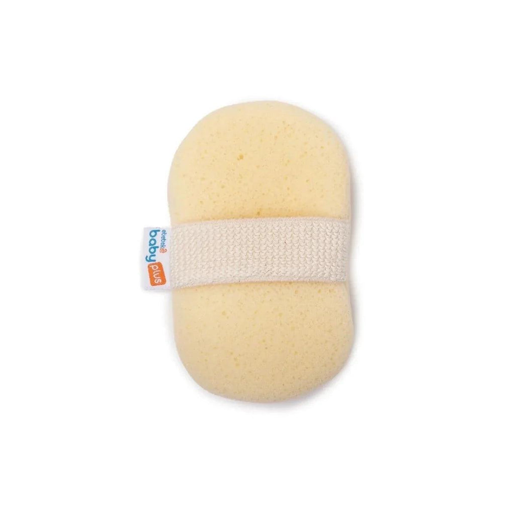 Round light beige bath sponge with white textured strap and blue tag