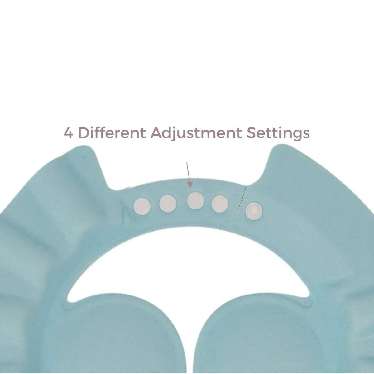 Light blue baby bath cap with four adjustment snap buttons on headband