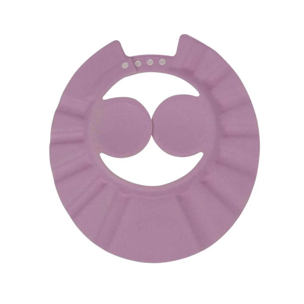 Pink baby bath cap with snap-adjust strap and crescent brim