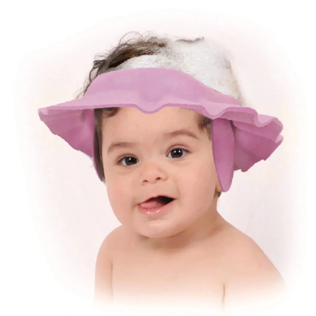 Pink baby bath cap with wide ruffled brim for hair coverage