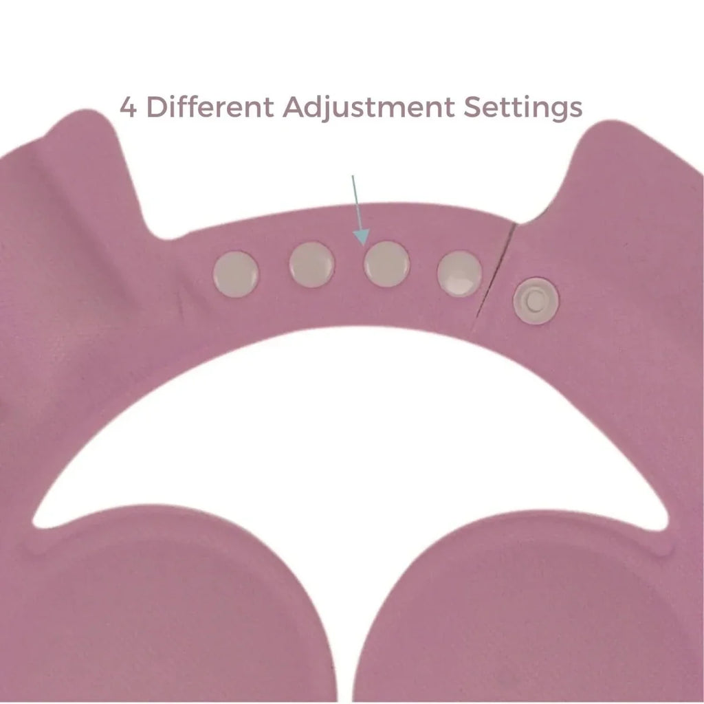 Pink baby bath cap with multi-button strap for adjustable fit